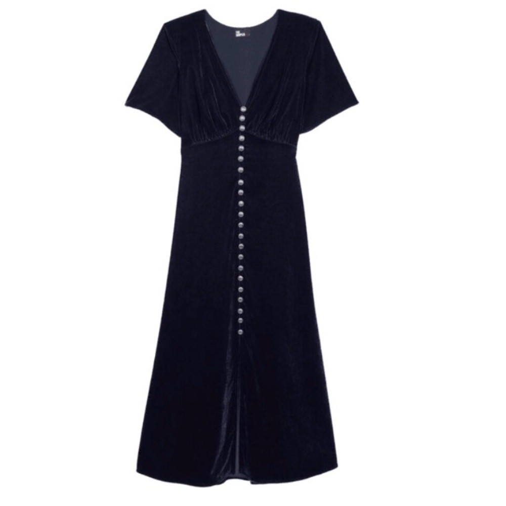 The Kooples Black Velvet Midi Dress with Front Buttons